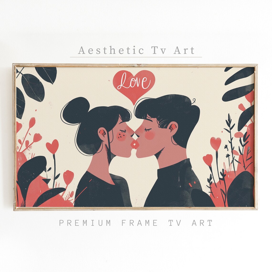 Couple Kissing Love Heart Botanical Modern Illustration Wall Art