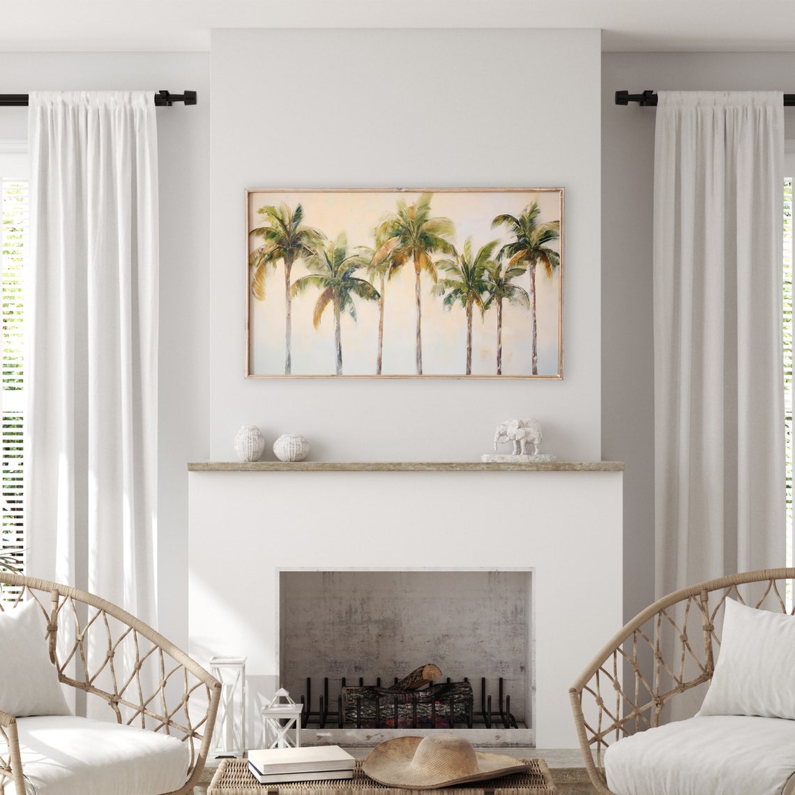 Tall Palm Trees Pastel Sky Watercolor Tropical Beach Art Poster - Image 3