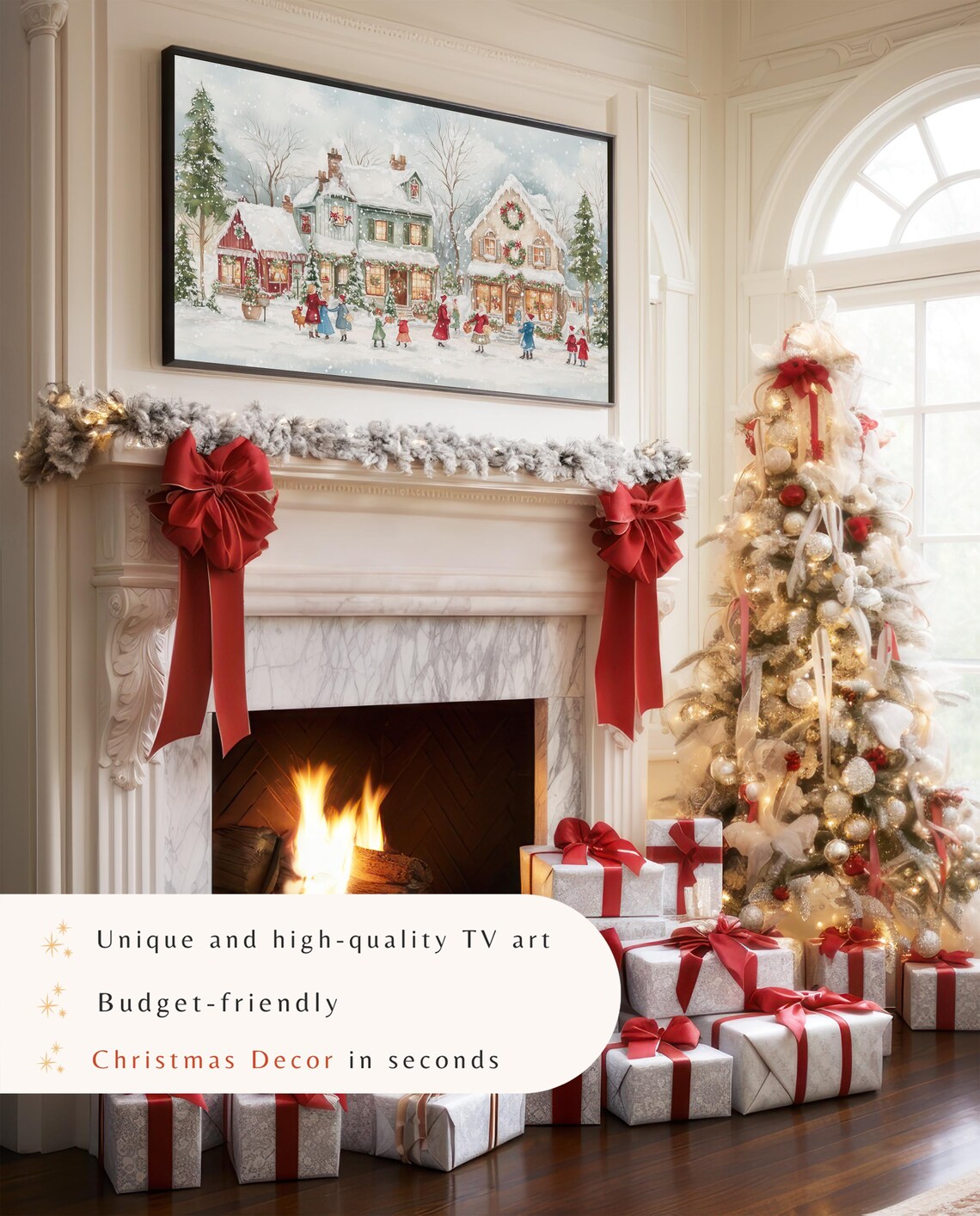 Watercolor Snowy Christmas Village Street Shoppers Wreaths Art Poster - Image 4
