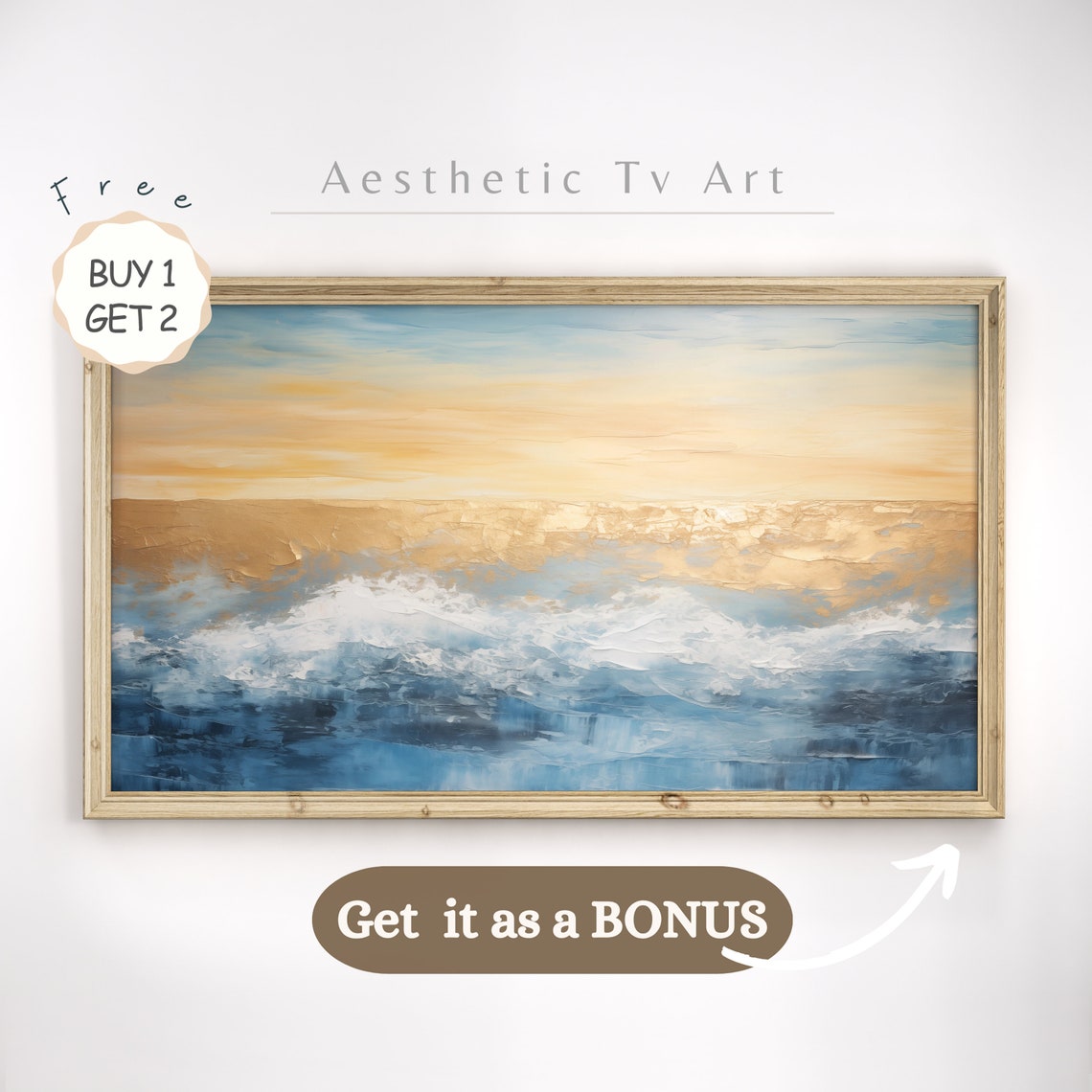 Blue Ocean Wave Pink Sky Great Wave Inspired Textured Art Poster - Image 2