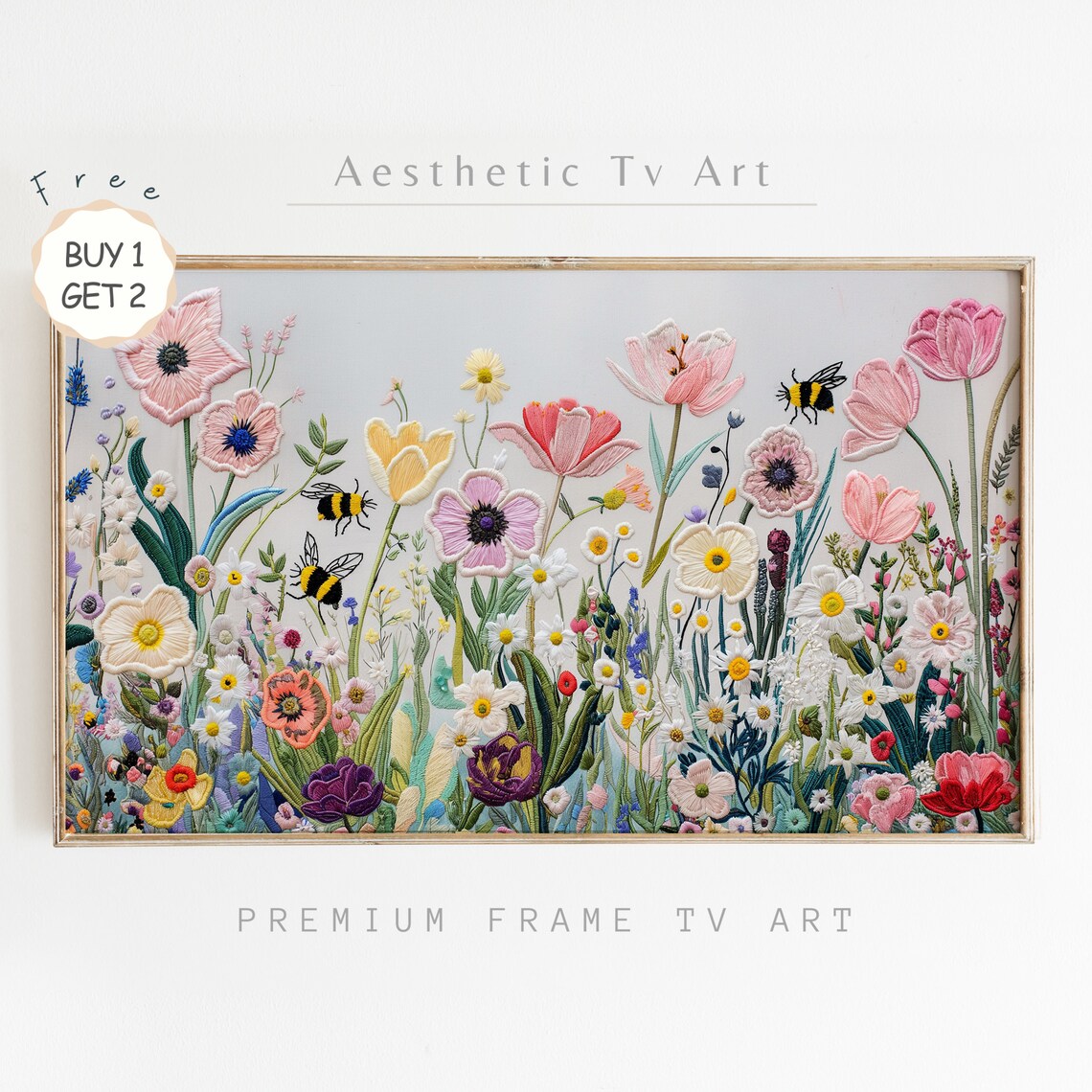 Embroidered Wildflower Garden Bees Stitched Floral Art Poster