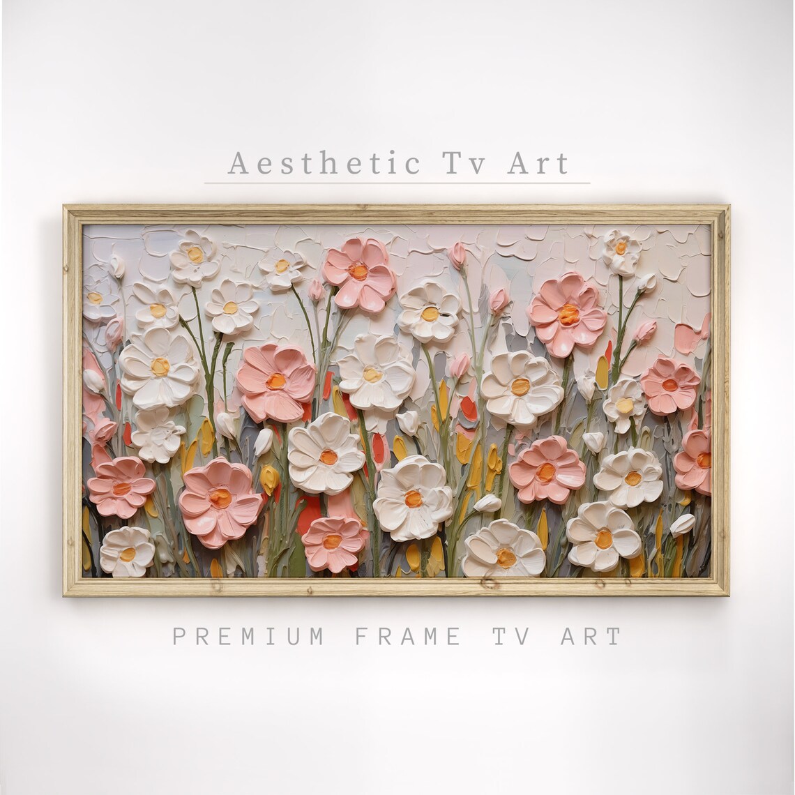 Blush Pink Cosmos Impasto Oil Painting Textured Spring Floral Wall Art - Image 2