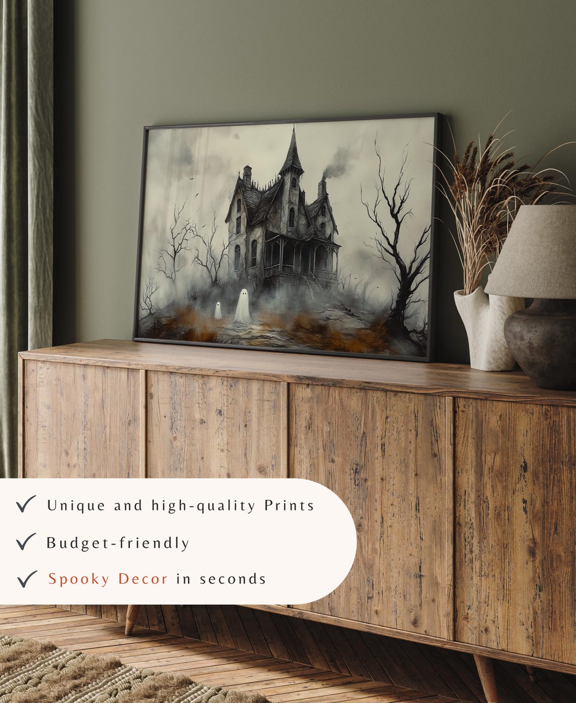 Haunted House With Two Ghosts In Foggy Forest Vintage Halloween Poster - Image 4