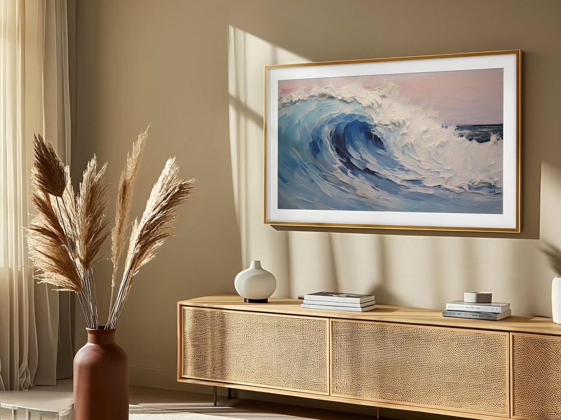 Blue Ocean Wave Impasto Textured Seascape Beach Sunset Art Poster - Image 2