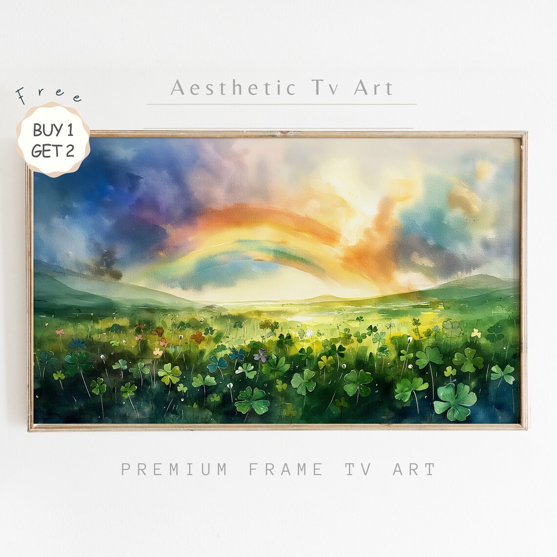 Sunset Rainbow Over Clover Field Watercolor St Patricks Day Art Poster