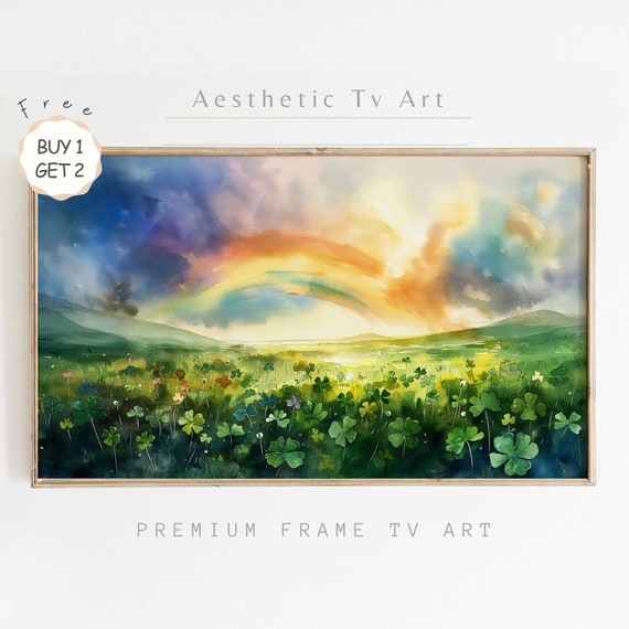 Rainbow And Clovers Frame Tv Art St Patricks Day Watercolor Art For Frame Tv Shamrock Art St Pattys Day Decor