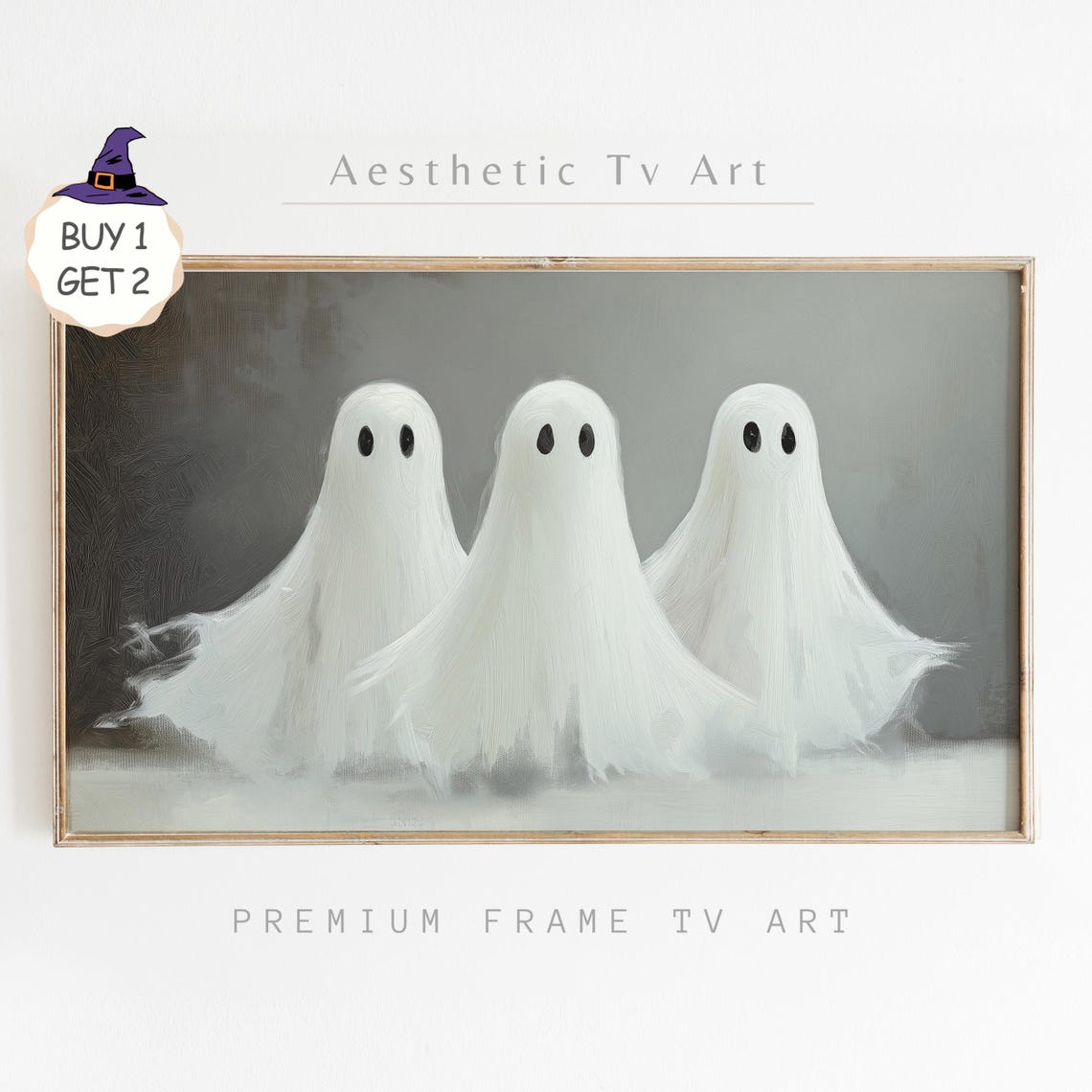 Three Minimalist Cute Ghosts Gray Neutral Halloween TV Art Poster