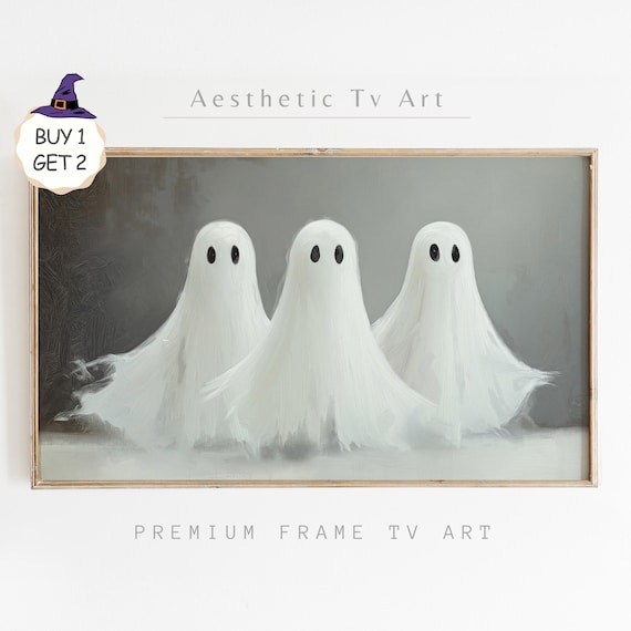 Three Minimalist Cute Ghosts Gray Neutral Halloween TV Art Poster