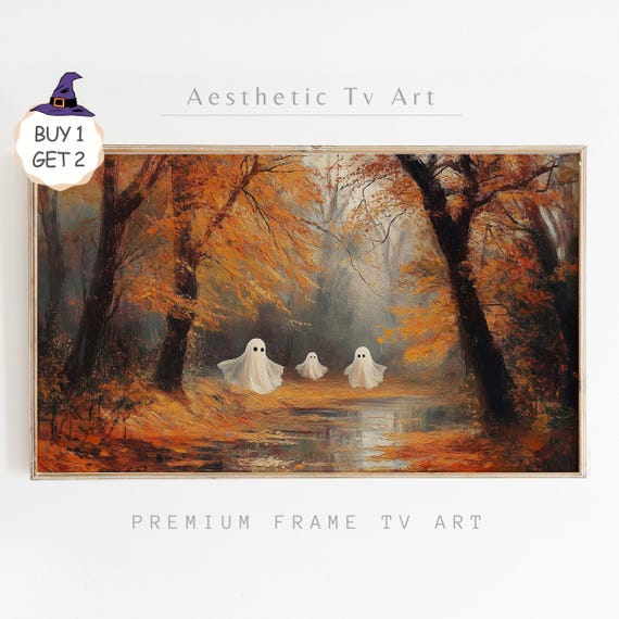 Halloween Frame Tv Cute Ghost Family In Vintage Landscape Painting Spooky Tv Art Halloween Decor
