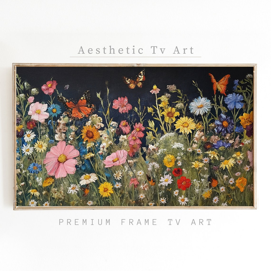 Wildflower Meadow Night Dark Blue Botanical Garden Oil Poster Art