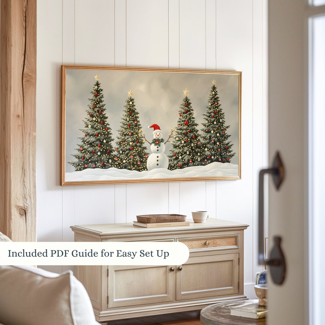 Snowman With Santa Hat Four Decorated Christmas Trees Snow Wall Art - Image 2