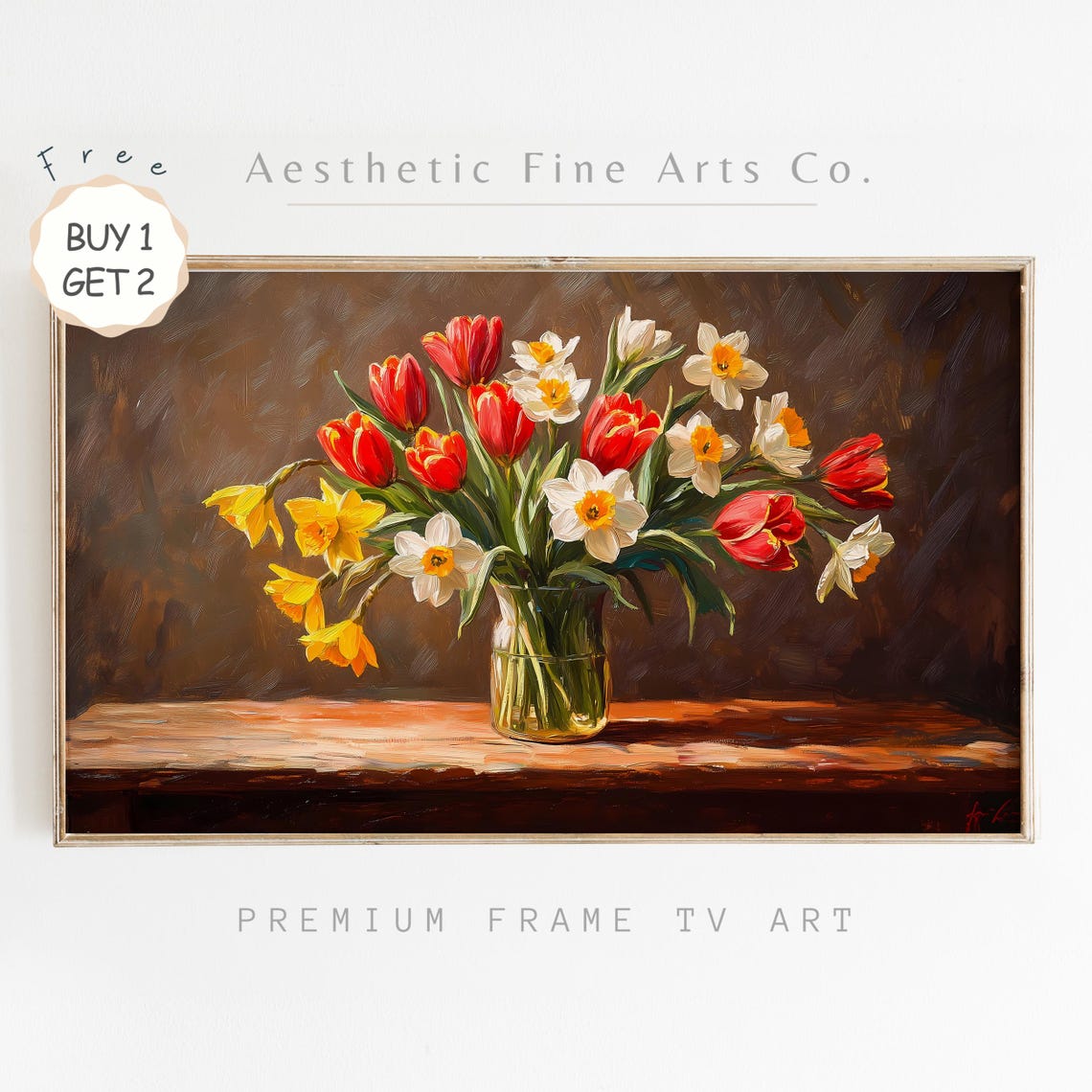 Red Tulips And Daffodils Bouquet In Glass Vase Still Life Art Poster