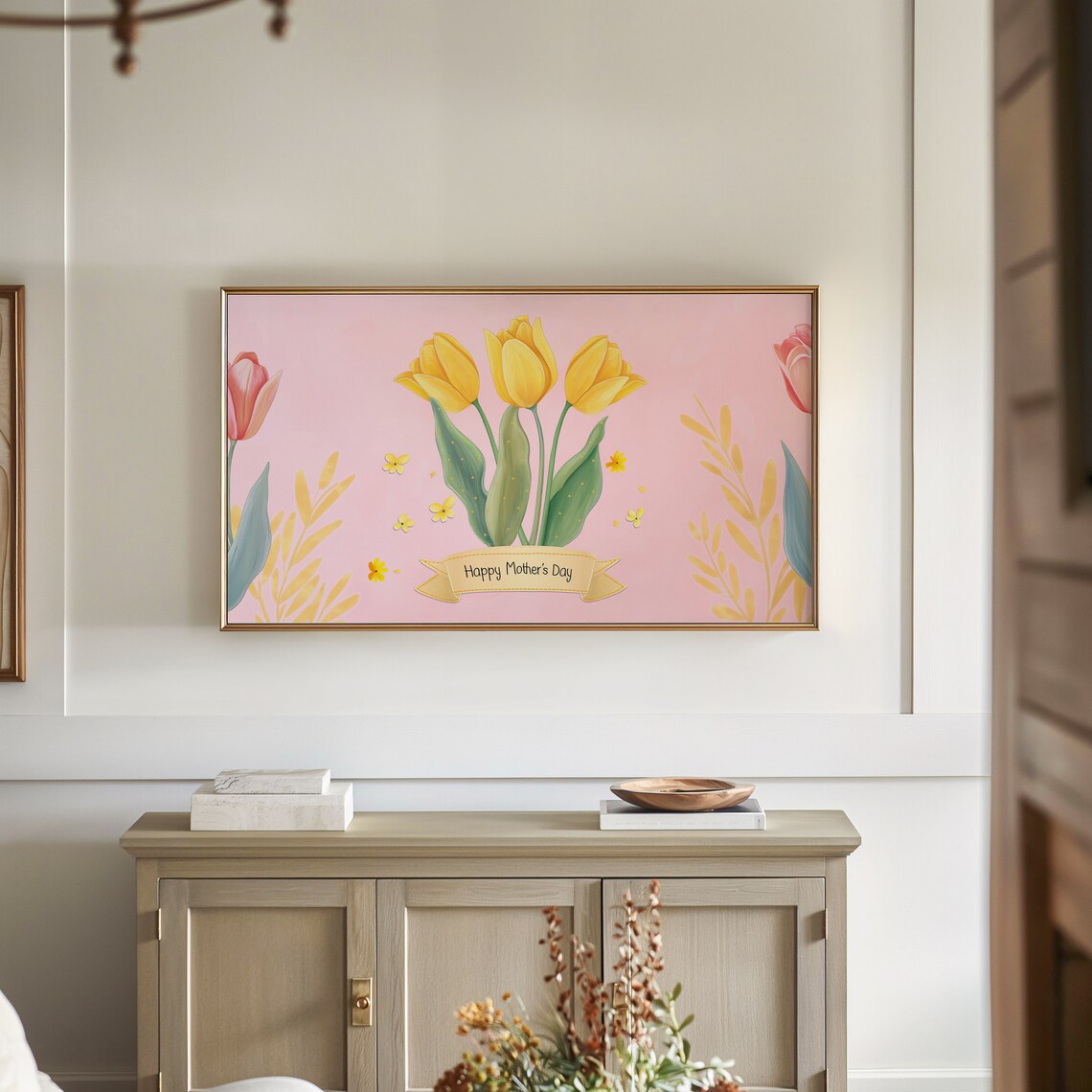 Happy Mother's Day Ribbon Banner Pink Tulips Cute Floral Wall Art - Image 3