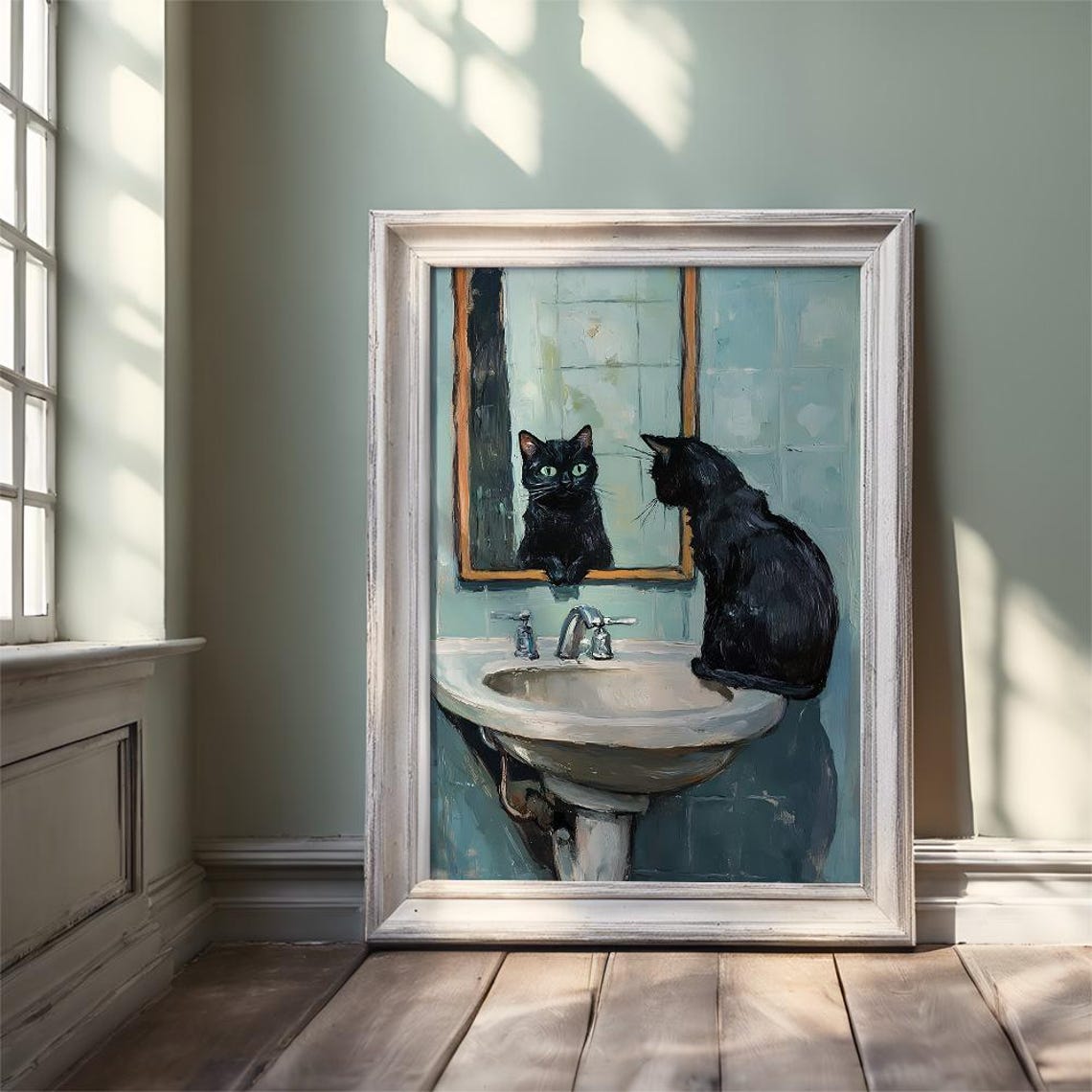 Black Cat Sitting on Bathroom Sink Staring into Mirror Poster - Image 2