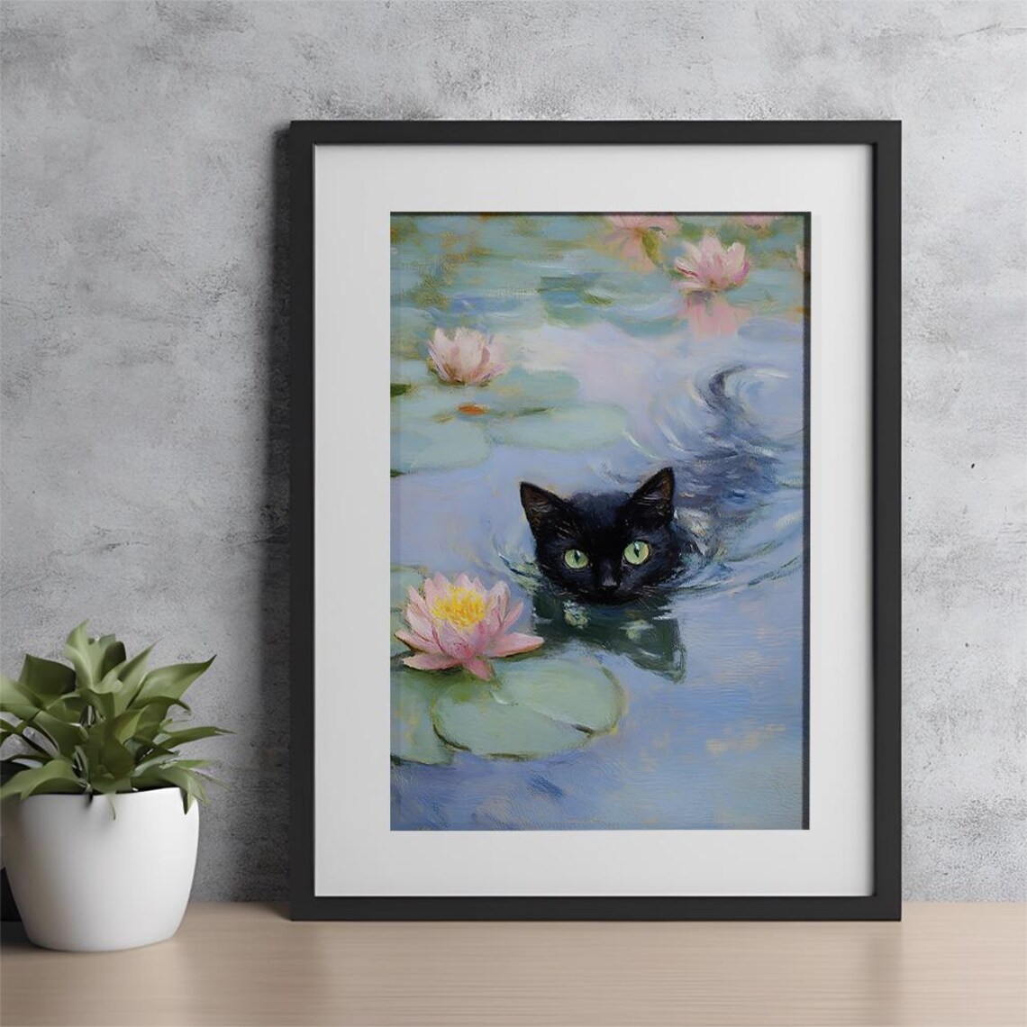 Black Cat Swimming Among Pink Water Lilies Impressionist Poster - Image 2