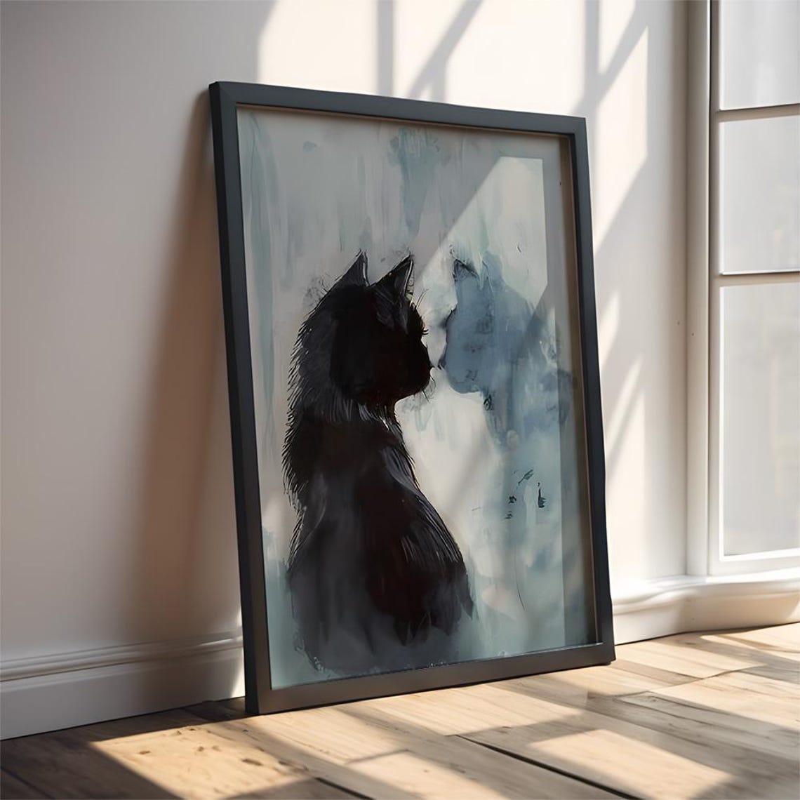Black Cat Gazing at Mirror Reflection Soft Watercolor Art Poster - Image 2
