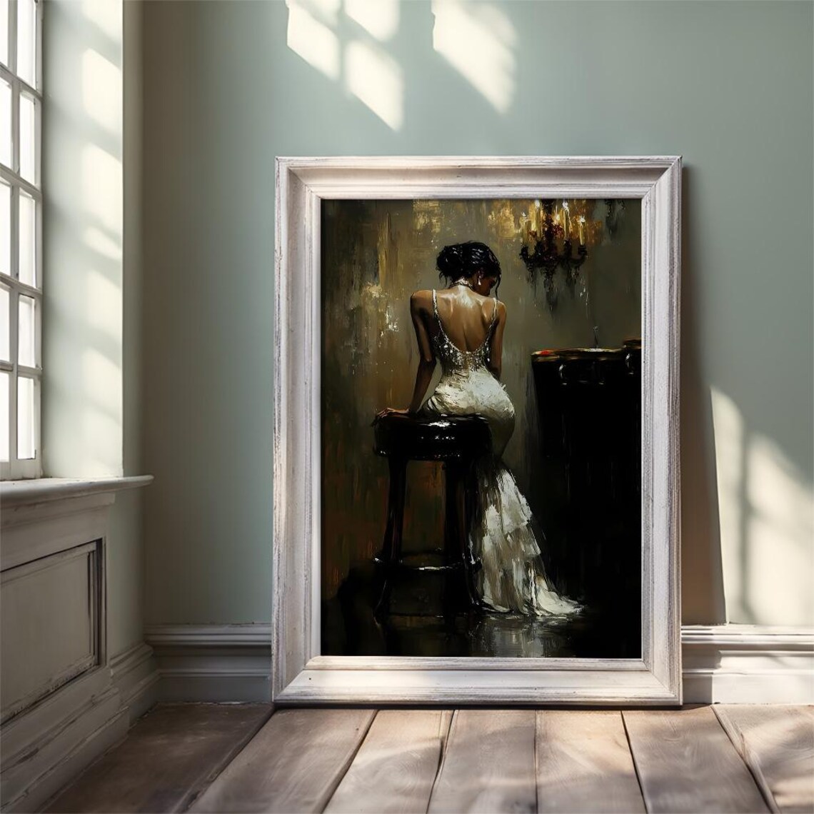 Woman in White Dress on Bar Stool Moody Candlelit Oil Painting Poster - Image 3