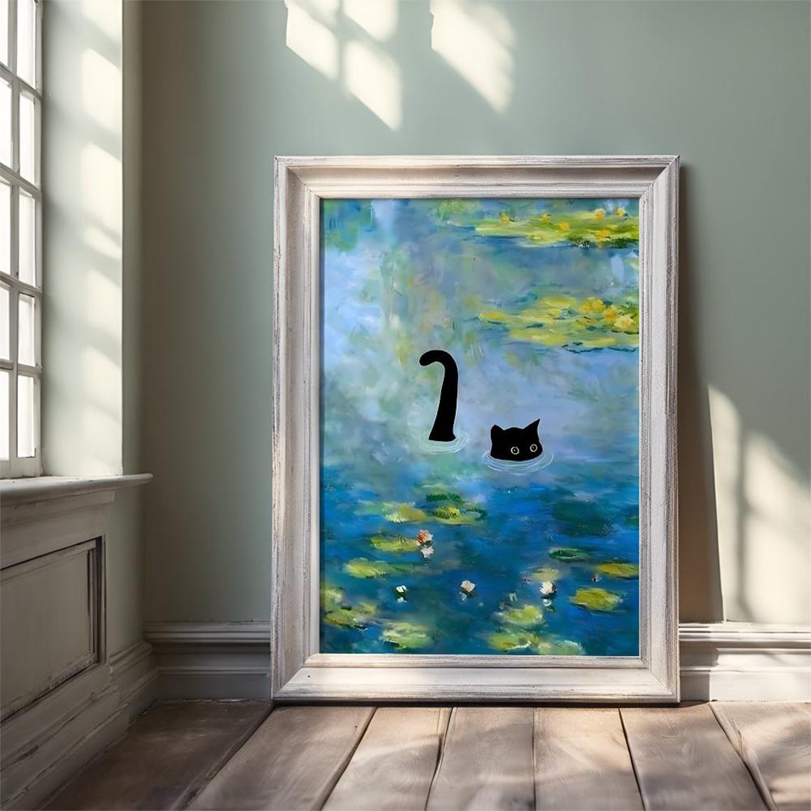 Playful Black Cat Swimming in Lily Pond Monet Style Art Poster - Image 3