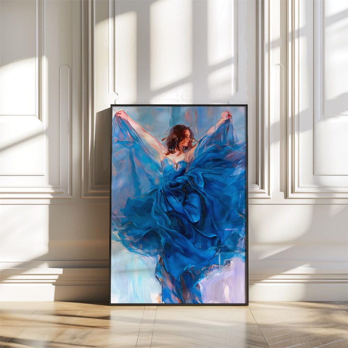 Woman in Flowing Blue Dress Dancing Impressionist Art Poster - Image 3