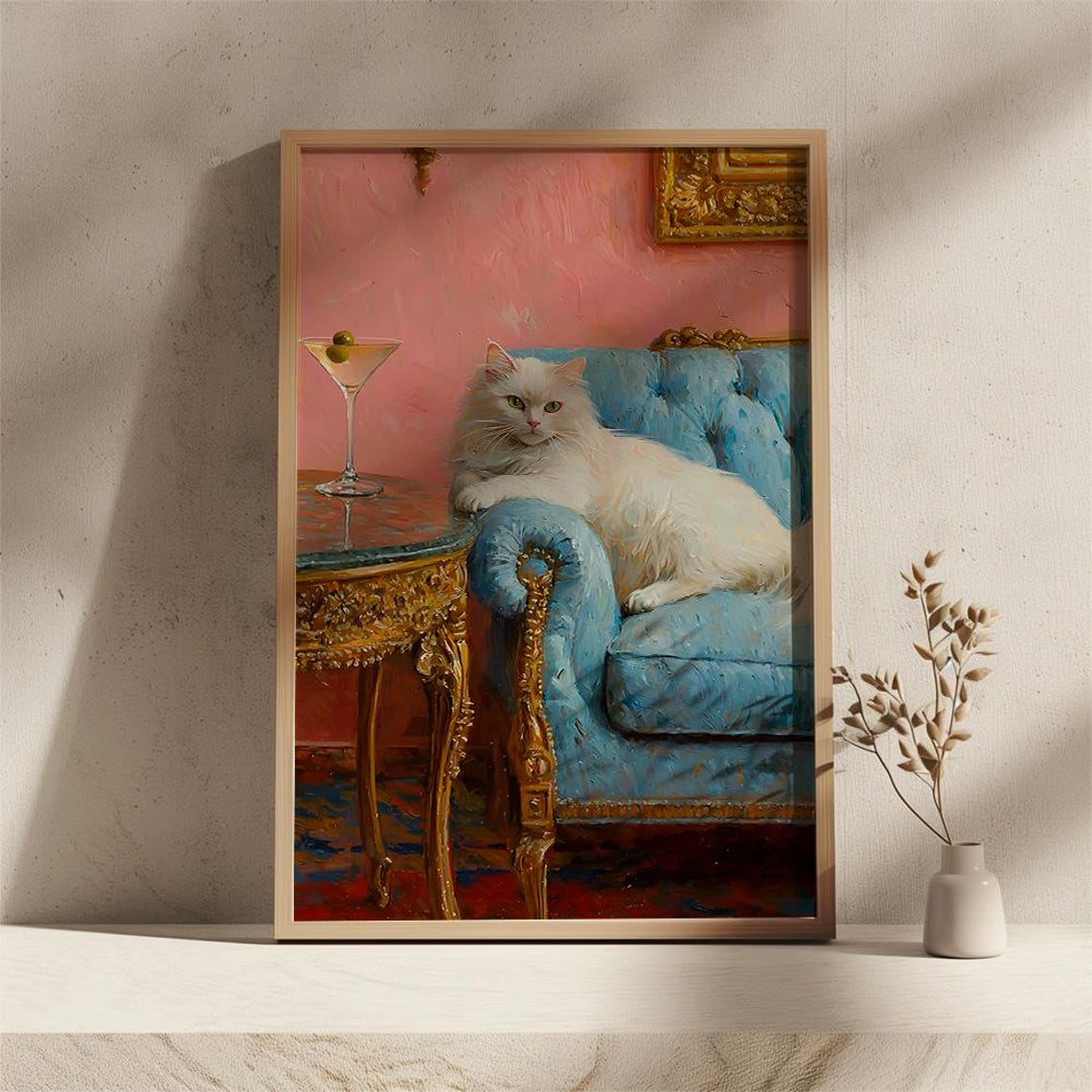 Elegant White Cat Lounging on Blue Velvet Sofa Martini Night Poster - Image 2