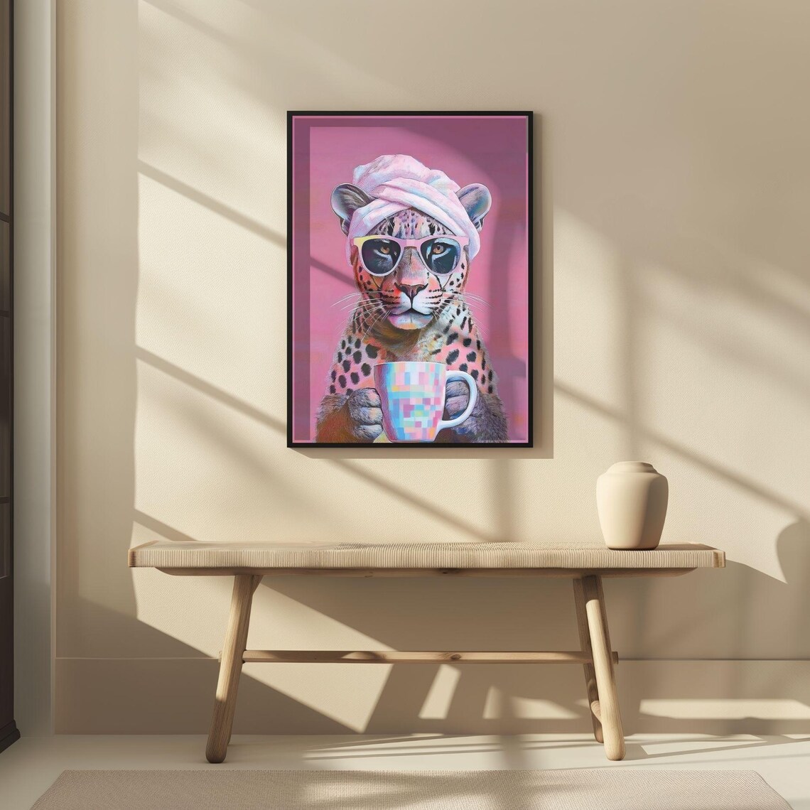 Leopard Drinking Coffee, Maximalist Oil Painting - Image 2