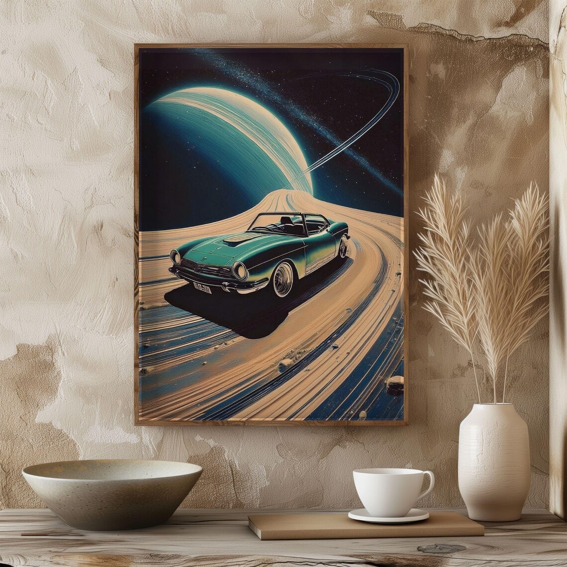 Retro Car Space Poster, Saturn Rings Sci Fi Decor