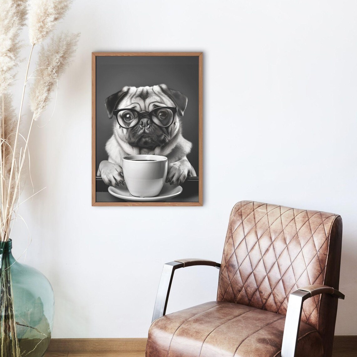 Pug Dog Drinking Coffee, Retro Coffee Lover Poster - Image 3