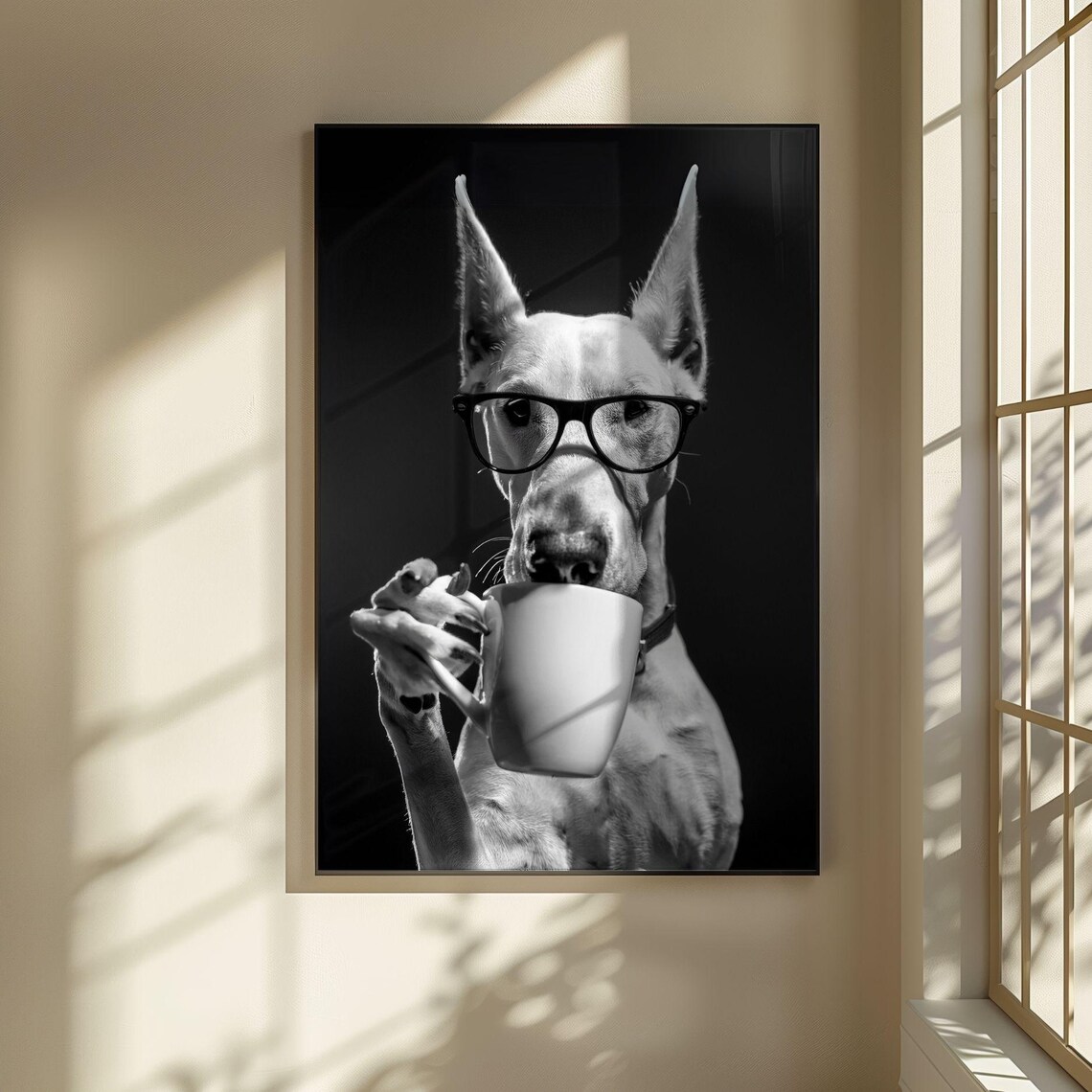 Doberman Drinking Coffee, Funny Dog Kitchen Poster
