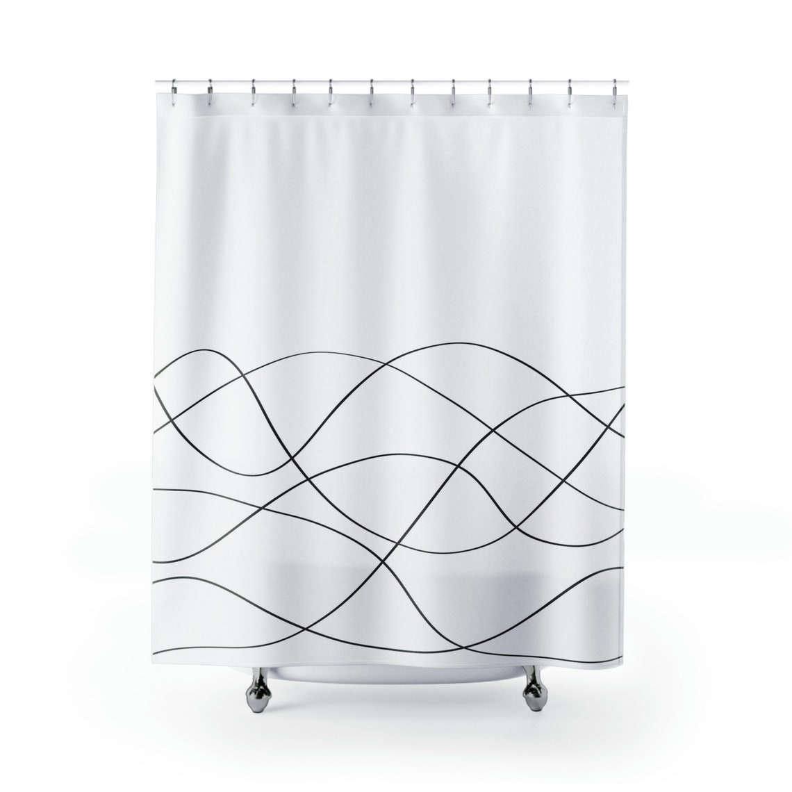 Minimalist Black and White Wavy Lines Shower Curtain with Line Print