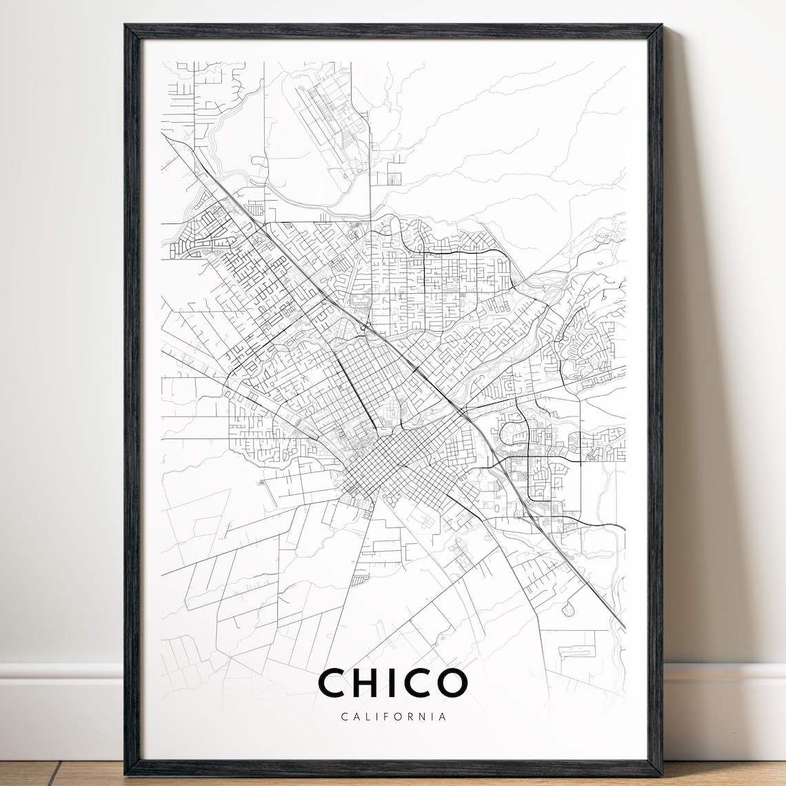 Chico California Black And White Minimalist Downtown City Map Poster