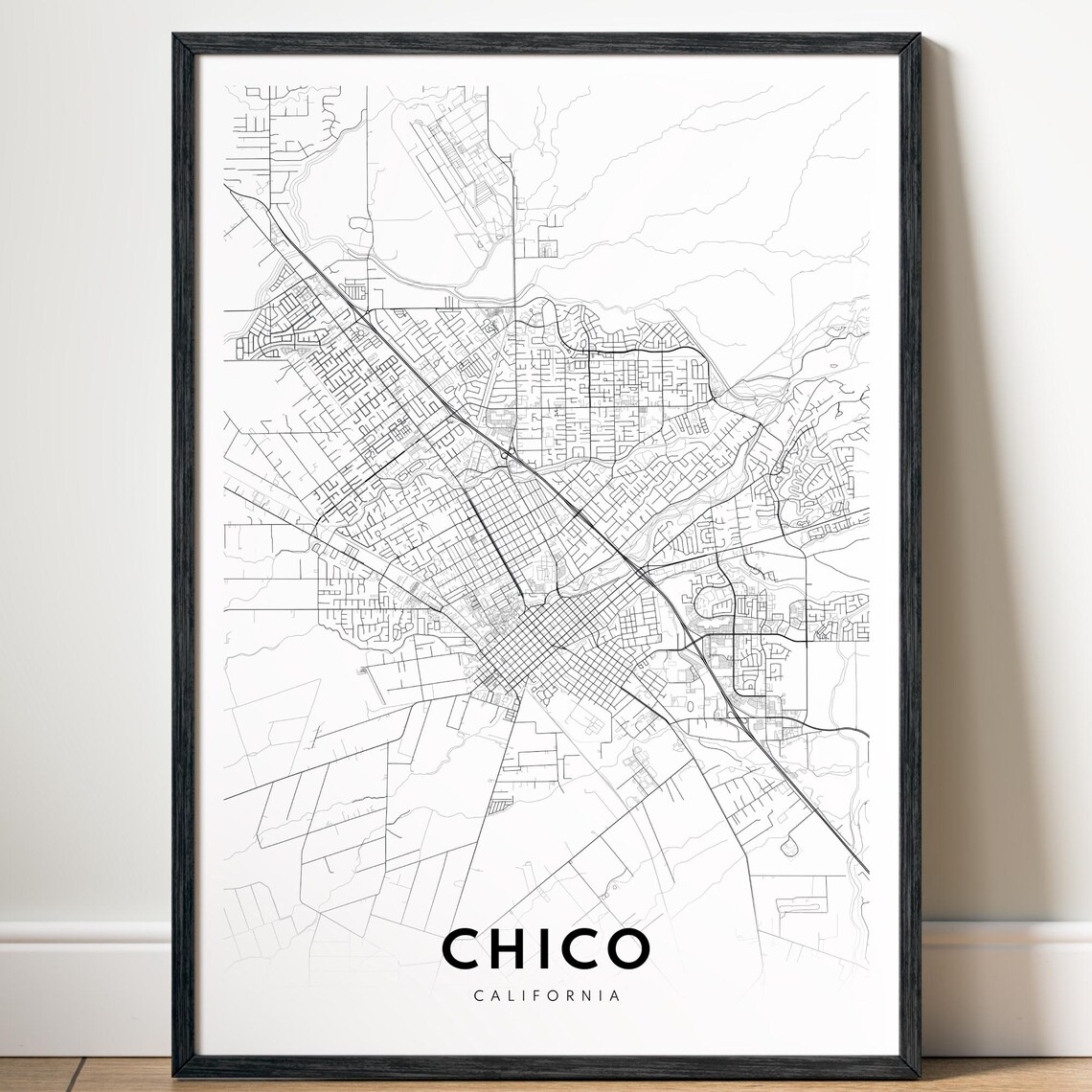 Chico Map Print Poster Clean Minimalist Black And White Art Sketch