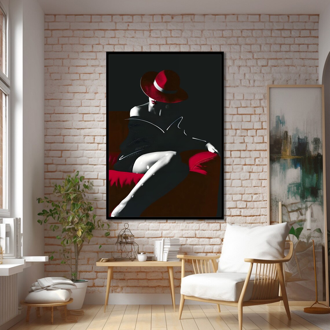 Elegant Red Hat Woman, Sophisticated Portrait Art - Image 2