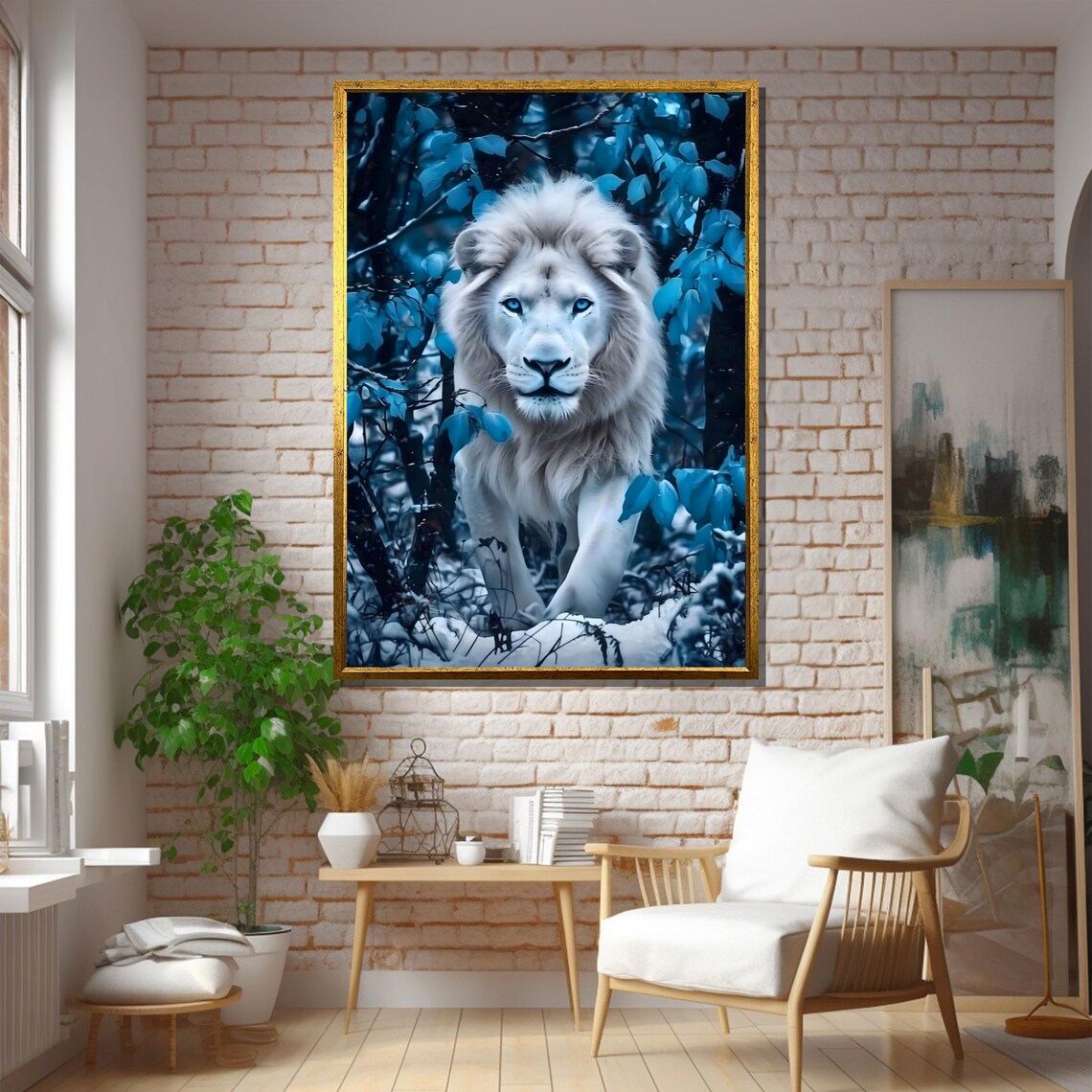 White Lion In Blue Forest Art Print - Image 5