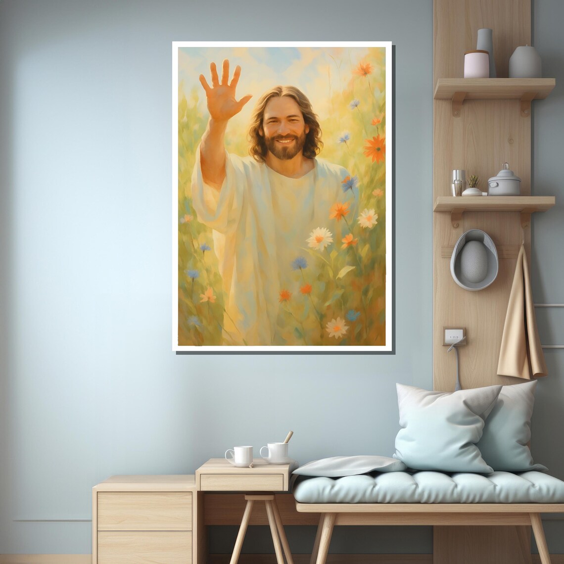 Peaceful Jesus in Floral Field, Christian Decor - Image 3