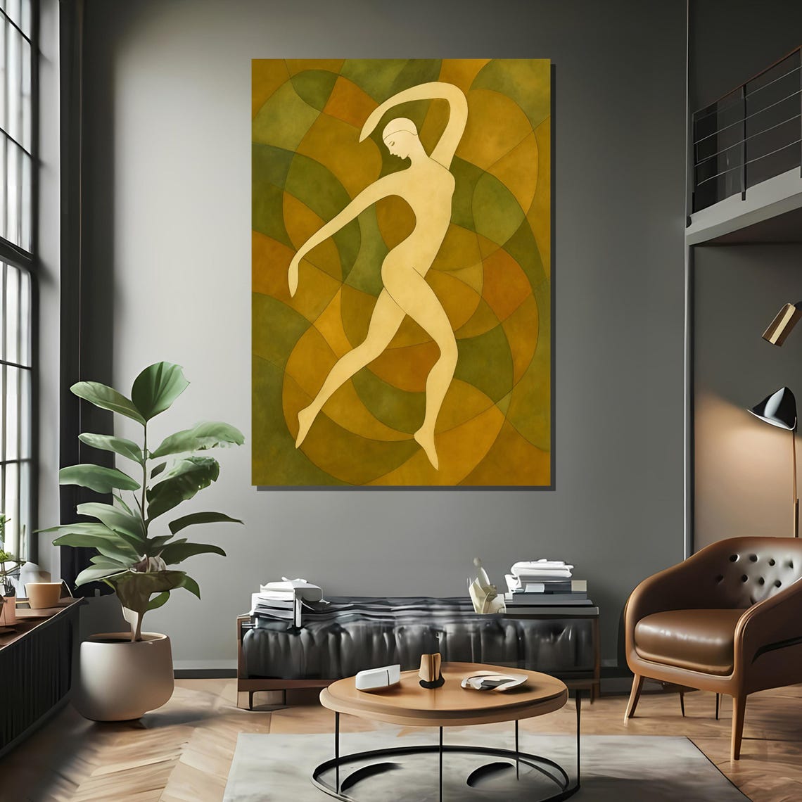 Abstract Dancing Figure In Geometric Green Tones Framed Or Unframed Art Print For Stylish Office Wall Decor - Image 2