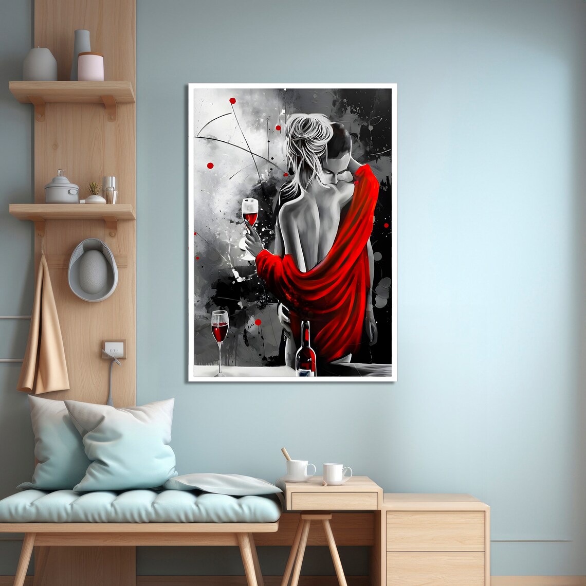Romantic Red Embrace, Lovers With Wine Art Print - Image 4