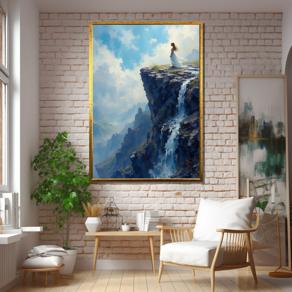 Woman Standing On Cliff Above Waterfall, Majestic Wall Decor - Image 5
