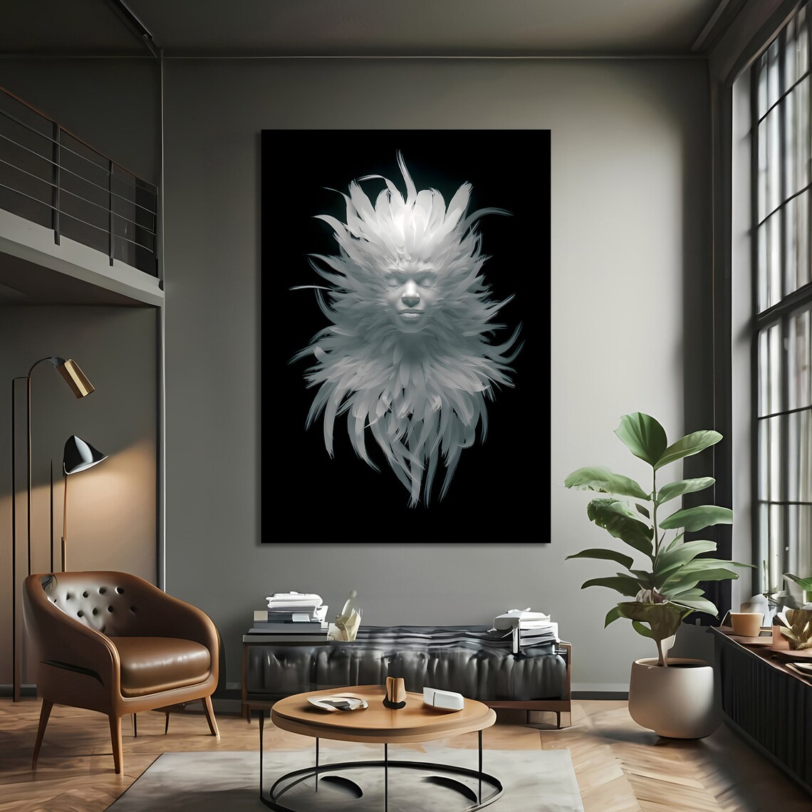 Ethereal Feathered Face Painting, Surreal Modern Art - Image 3