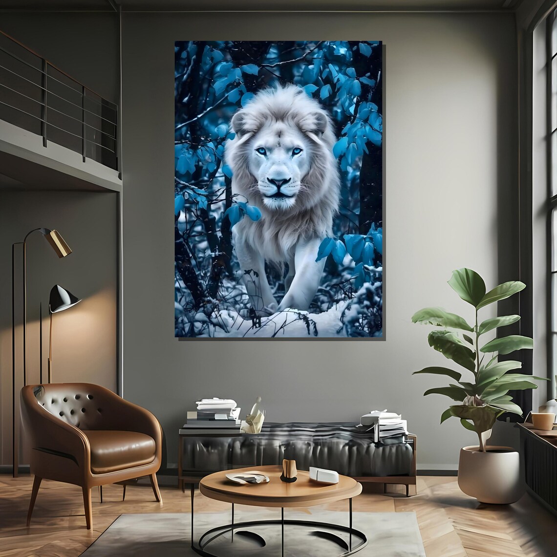 White Lion In Blue Forest Art Print - Image 2