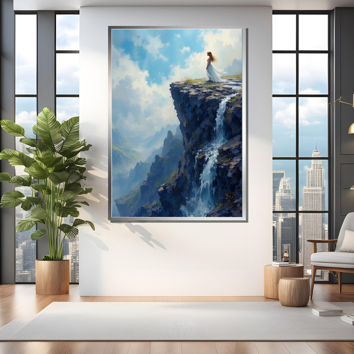 Woman Standing On Cliff Above Waterfall, Majestic Wall Decor - Image 4