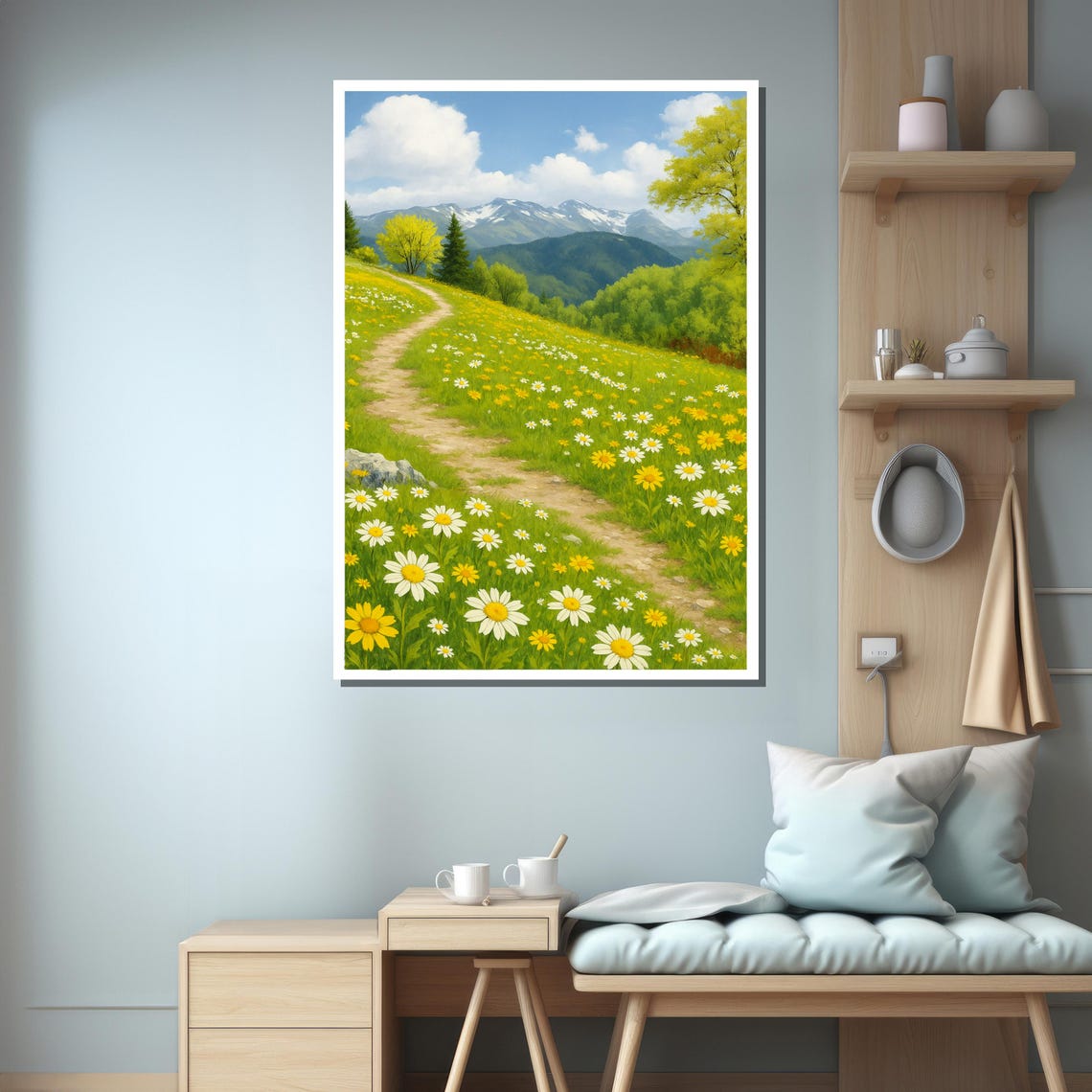 Daisy Meadow Path With Mountain View, Art Print - Image 3
