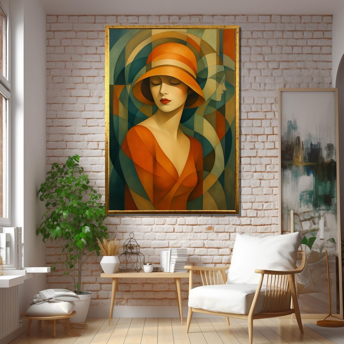 Art Deco Woman in Orange Hat Geometric Portrait Painting Poster - Image 5