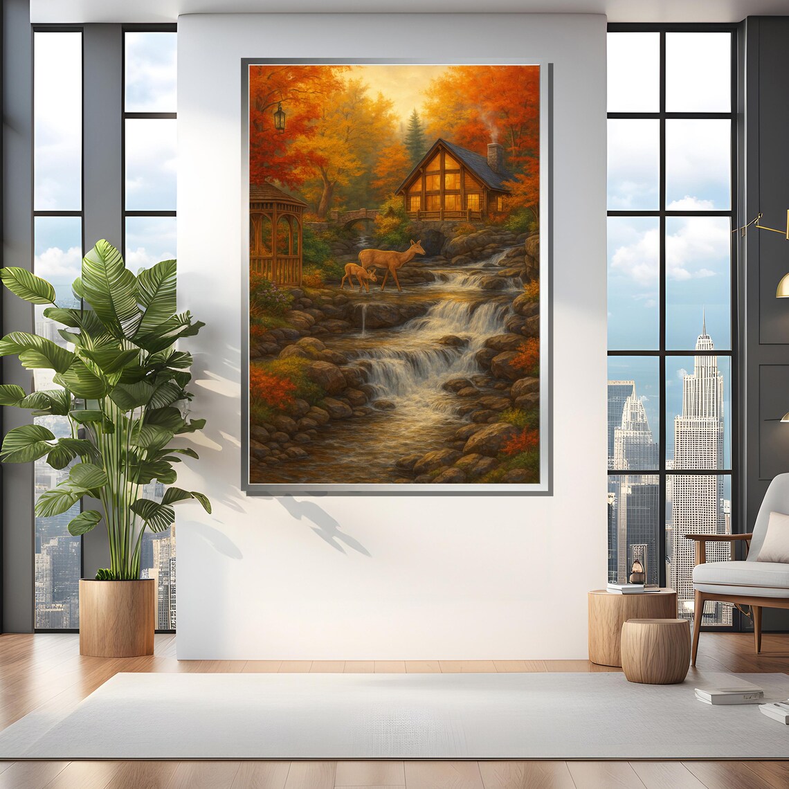 Cabin By Waterfall With Deer, Autumn Forest Art Print - Image 4
