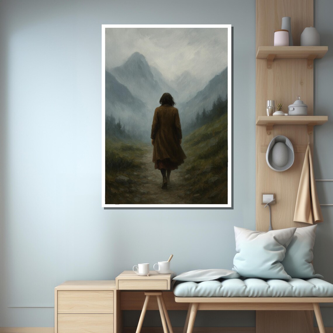 Woman Walking In Misty Mountains Art Print - Image 3