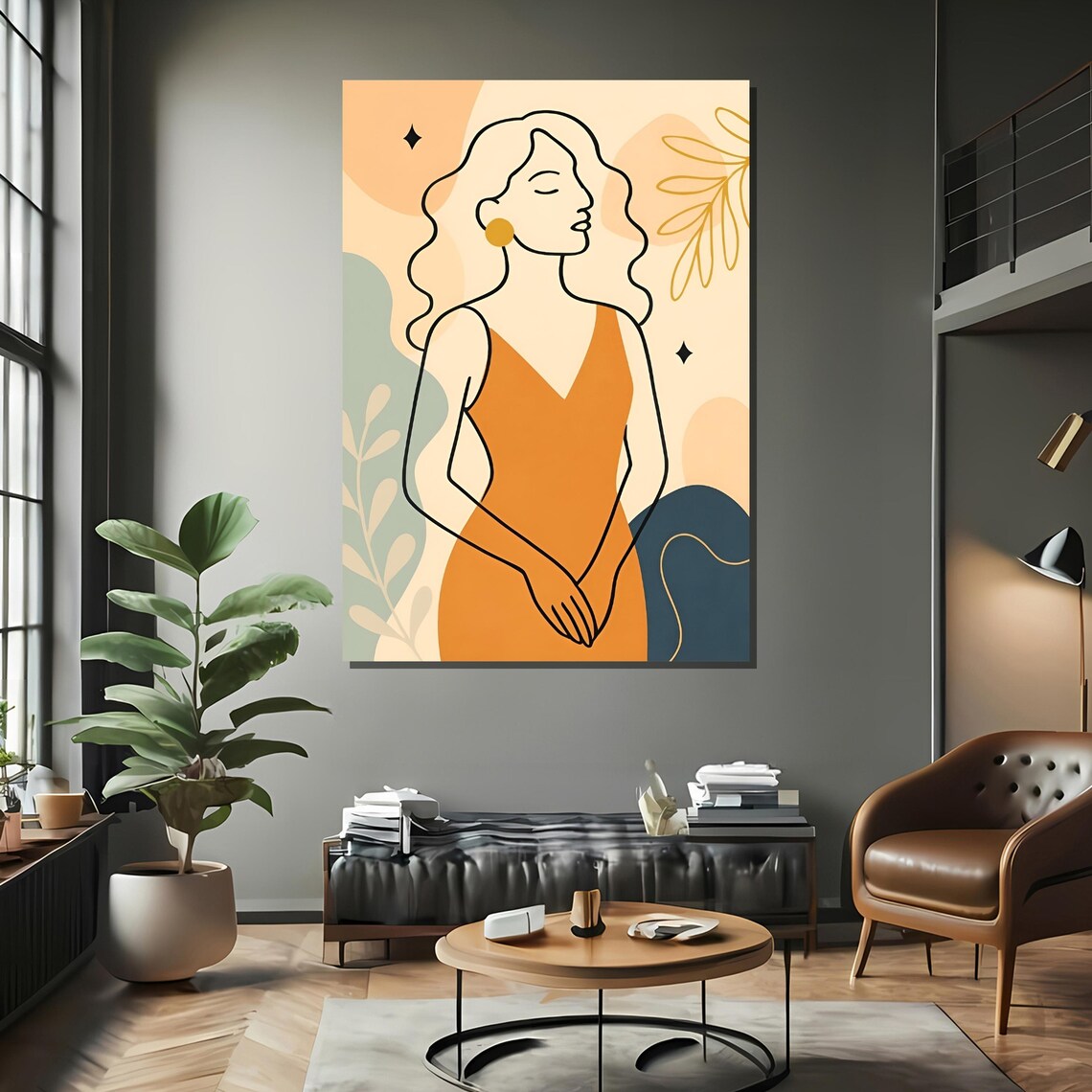 Minimalist Line Art Woman in Orange Dress Boho Abstract Poster - Image 2