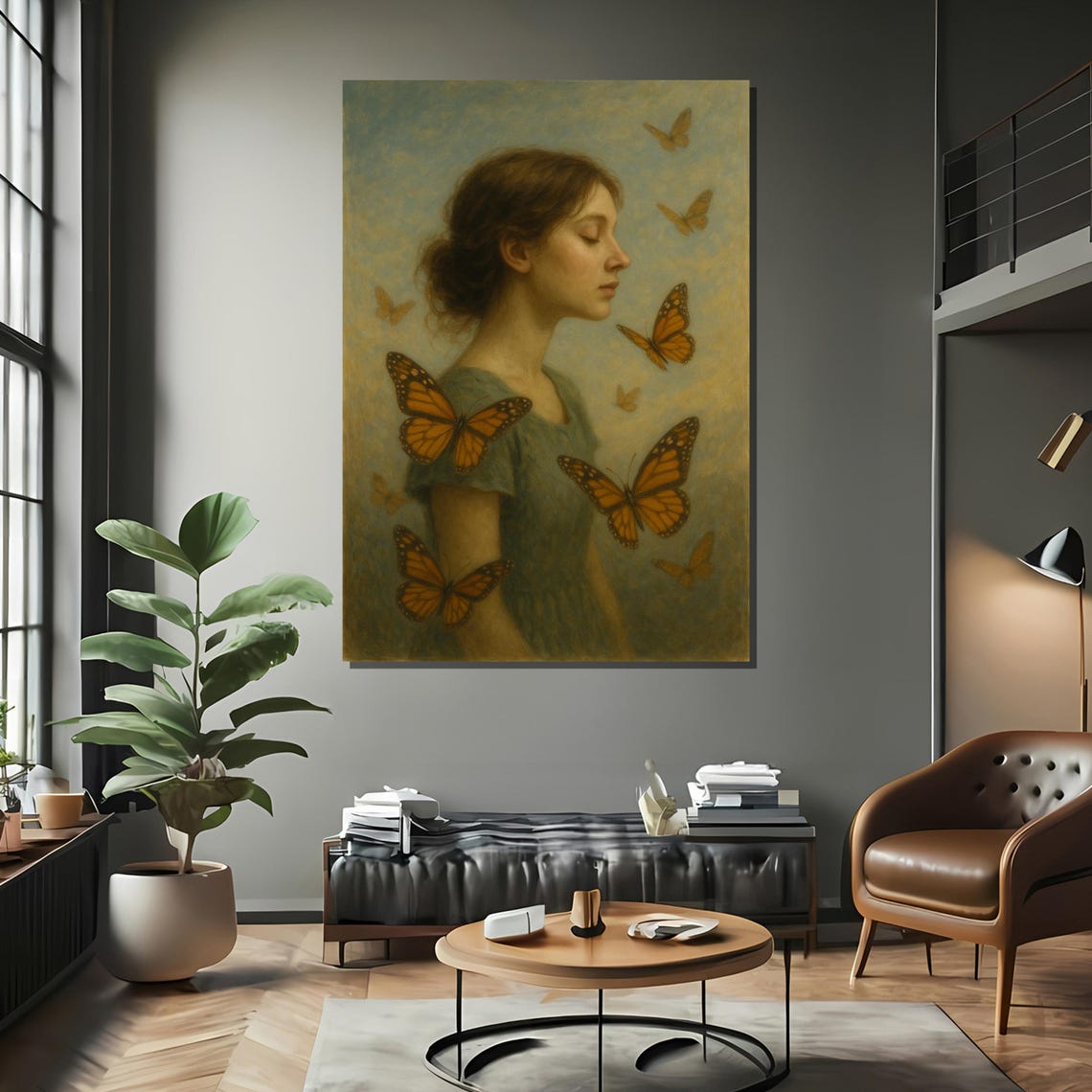 Girl With Butterflies, Blue Dress Art Print - Image 2