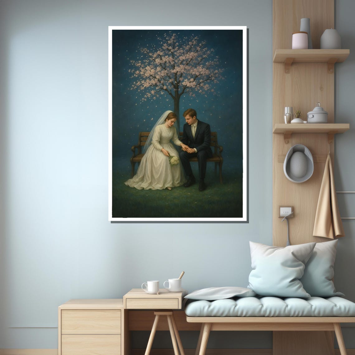 Bride And Groom Under Blossom Tree Framed Or Unframed Art Print For Romantic Bedroom Or Wedding Wall Decor - Image 3
