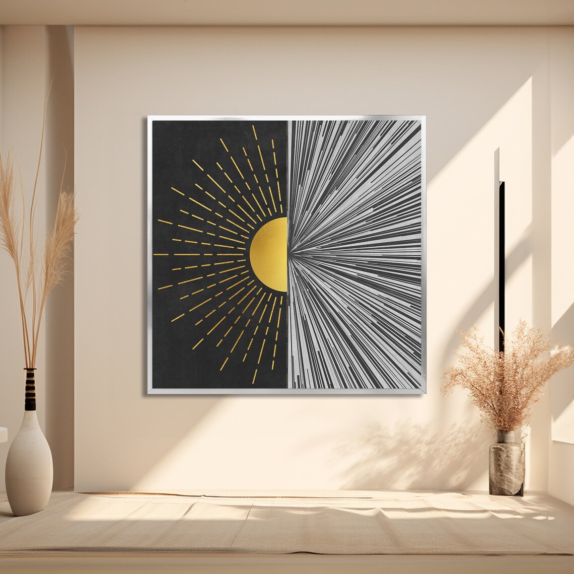 Modern Sun And Lines Painting, Abstract Geometric Decor - Image 2