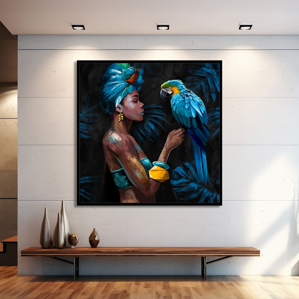 African Woman With Parrot, Vibrant Ethnic Art - Image 2