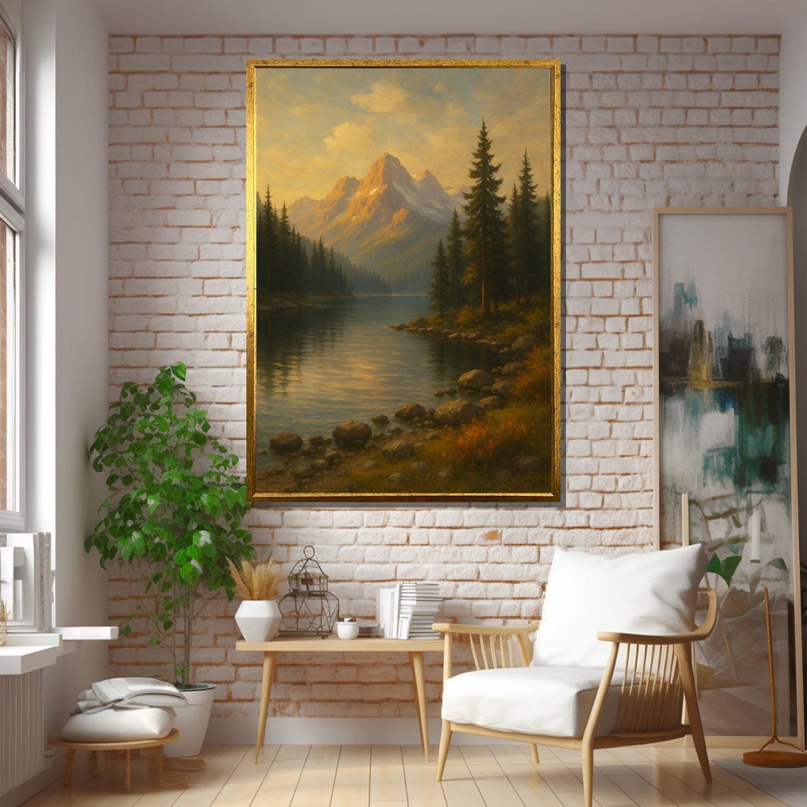 Majestic Mountain And Lake Landscape Painting Framed Black White Gold Silver Gallery Wrapped Or Rolled Art Print - Image 5